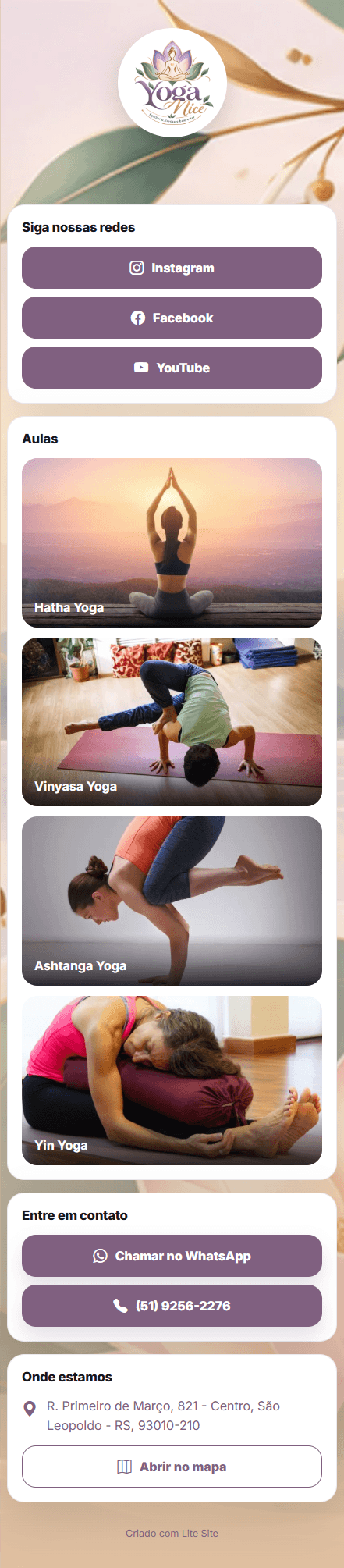 Modelo real de Lite Site para um estúdio de yoga